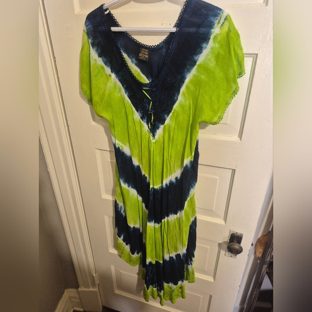 Boho Green Navy Tie Dye Coverup/Dress Free Size - Picture 2 of 6